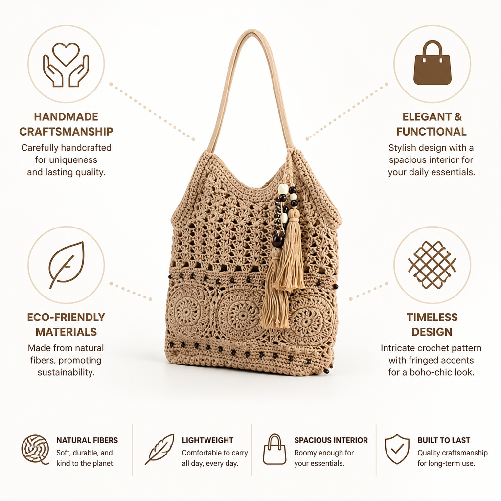Handmade Natural-Fiber Fringed Crochet Handbag
