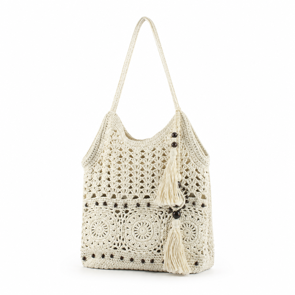 Handmade Natural-Fiber Fringed Crochet Handbag