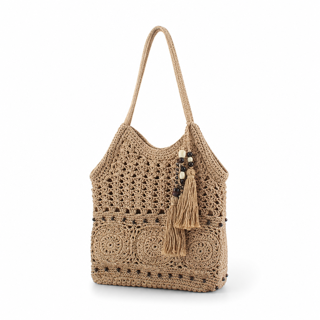 Handmade Natural-Fiber Fringed Crochet Handbag