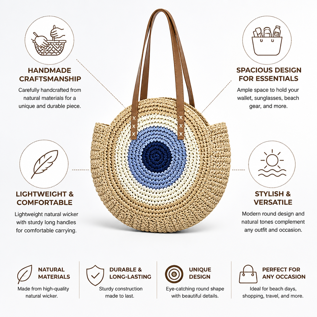 Handmade Natural Rattan Round Shoulder Bag
