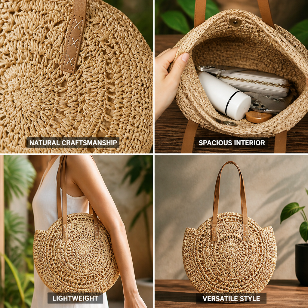 Handmade Round Straw Bag (Leather Handles)