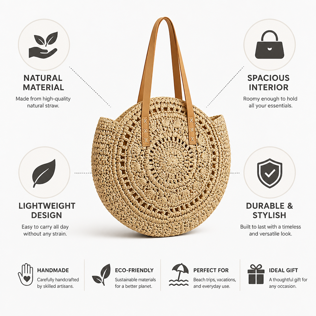 Handmade Round Straw Bag (Leather Handles)