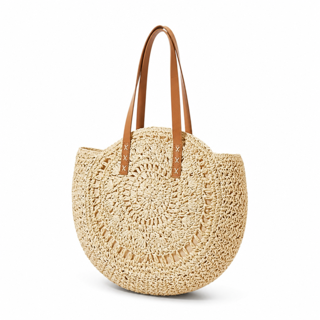 Handmade Round Straw Bag (Leather Handles)