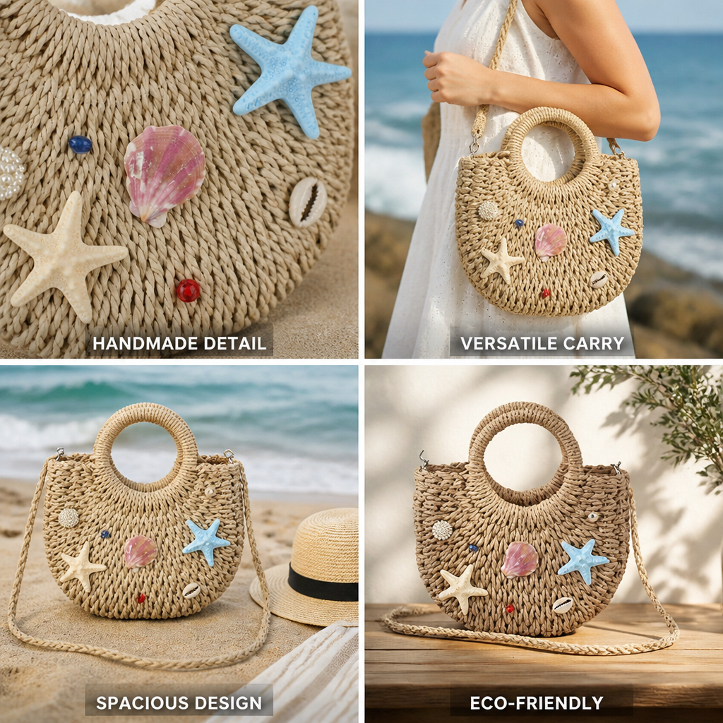 Handmade Woven Straw Beach Tote (Shell & Starfish)