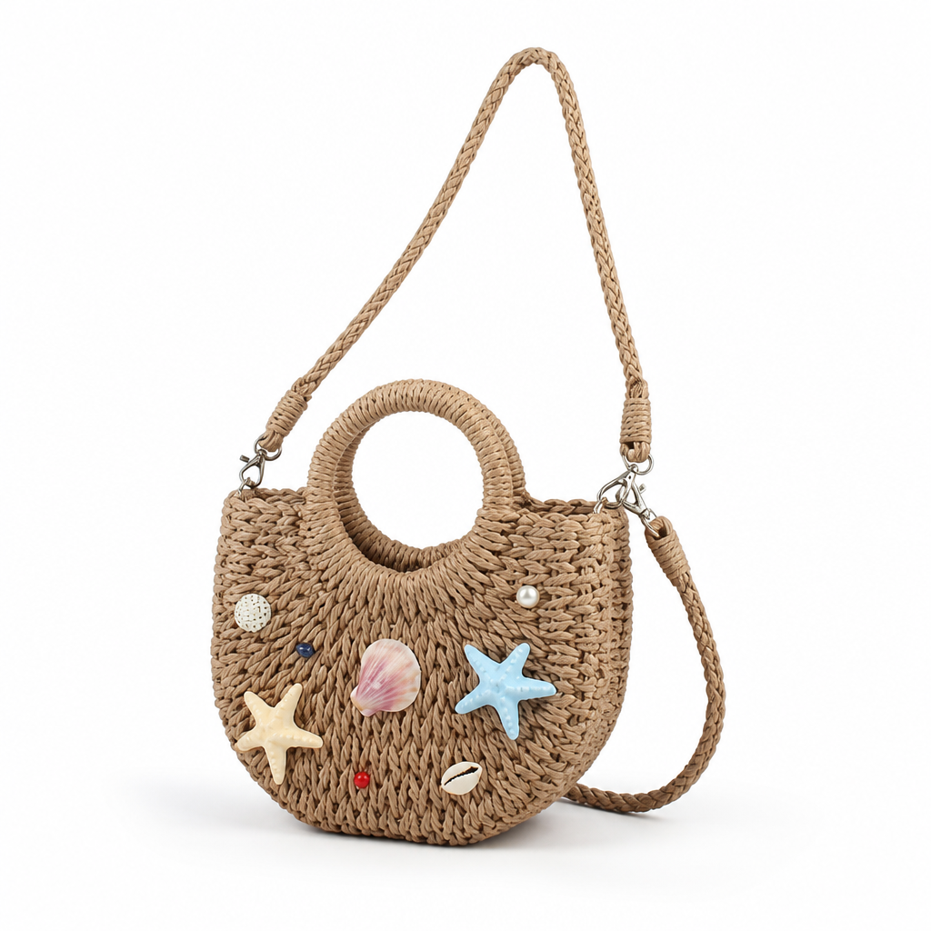 Handmade Woven Straw Beach Tote (Shell & Starfish)