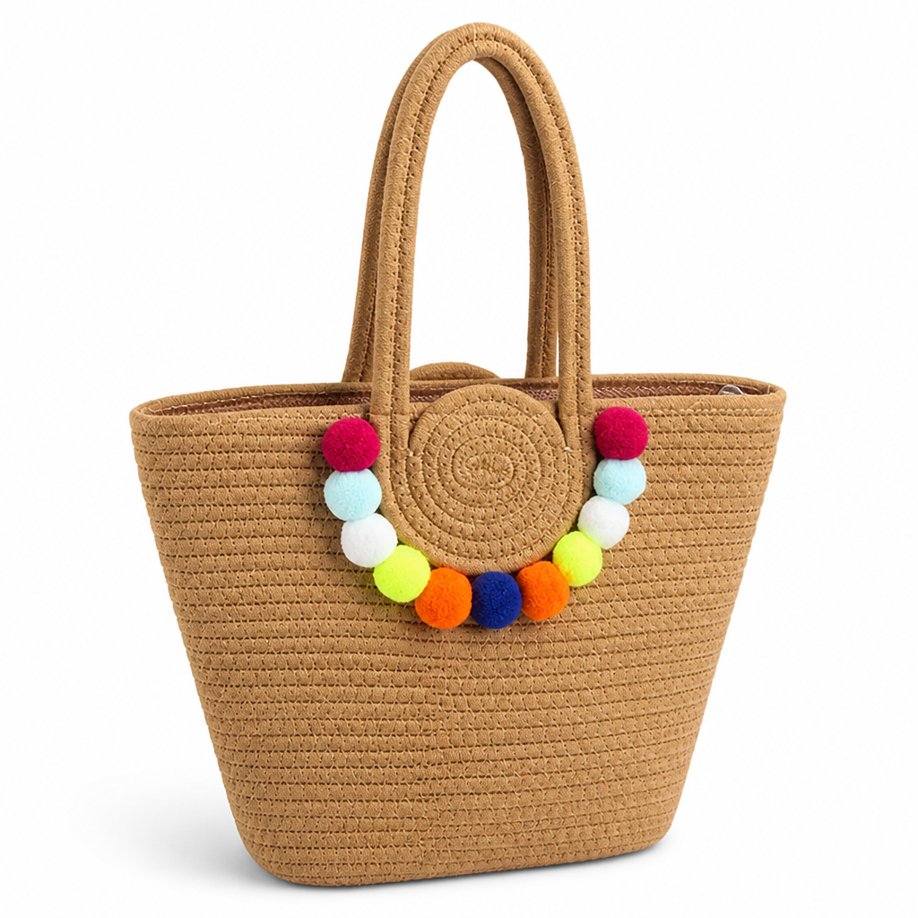 Handmade Woven Straw Pom-Pom Beach Bag