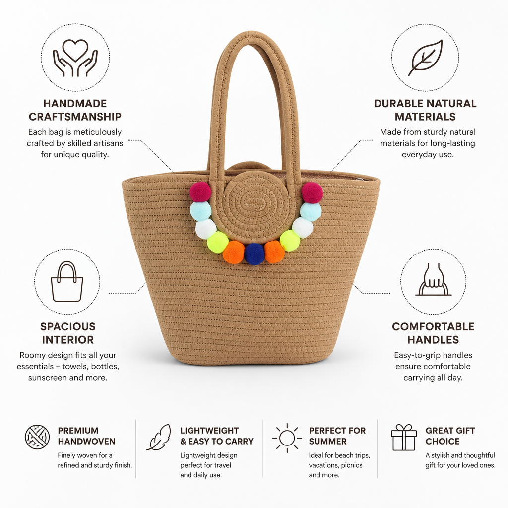 Handmade Woven Straw Pom-Pom Beach Bag