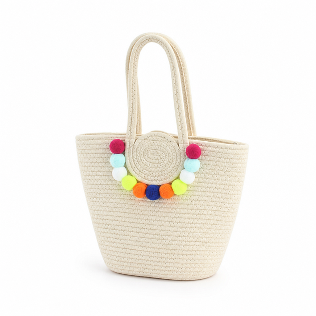 Handmade Woven Straw Pom-Pom Beach Bag