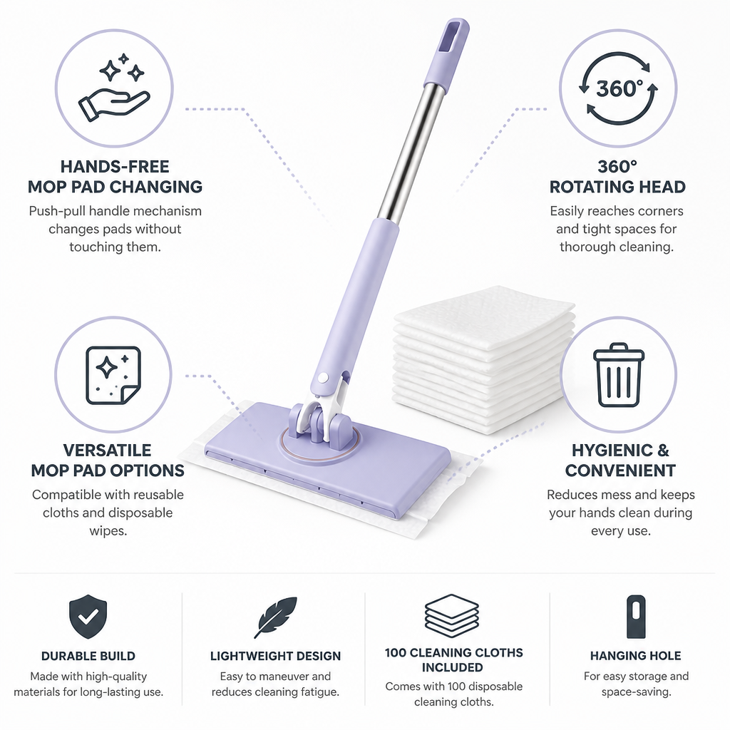 Hands-Free 360° Rotating Mini Mop (Includes 100 Cloths)