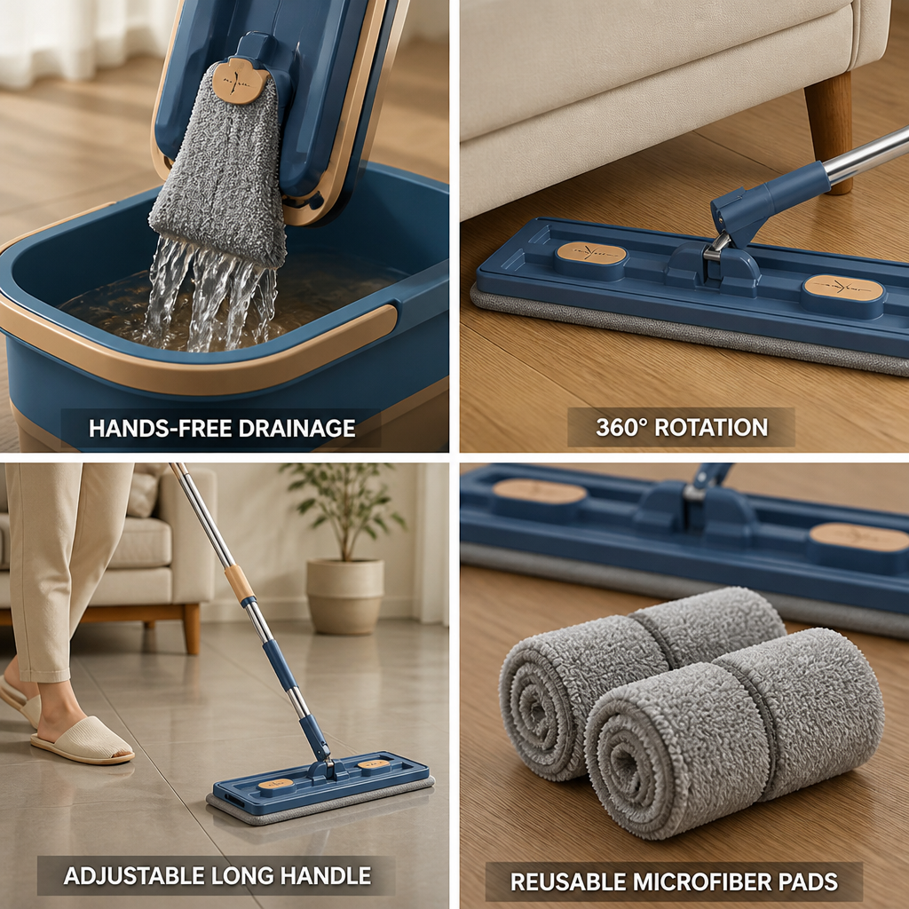 Hands-Free Drainage & 360° Rotating Flat Mop Set