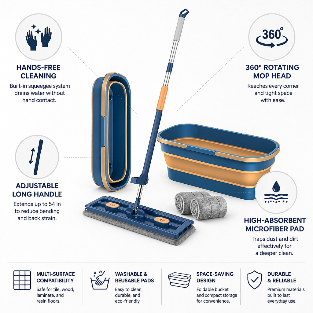 Hands-Free Drainage & 360° Rotating Flat Mop Set