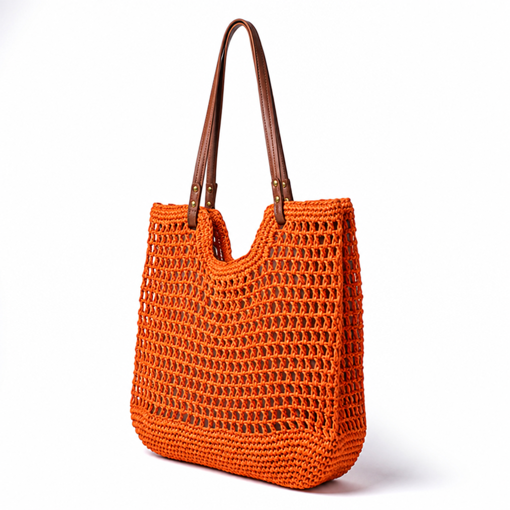 Handwoven Cotton Mesh Tote Bag (Leather Handles)
