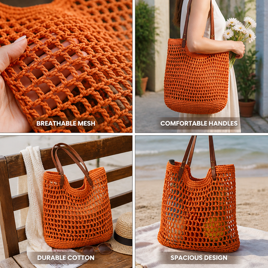 Handwoven Cotton Mesh Tote Bag (Leather Handles)