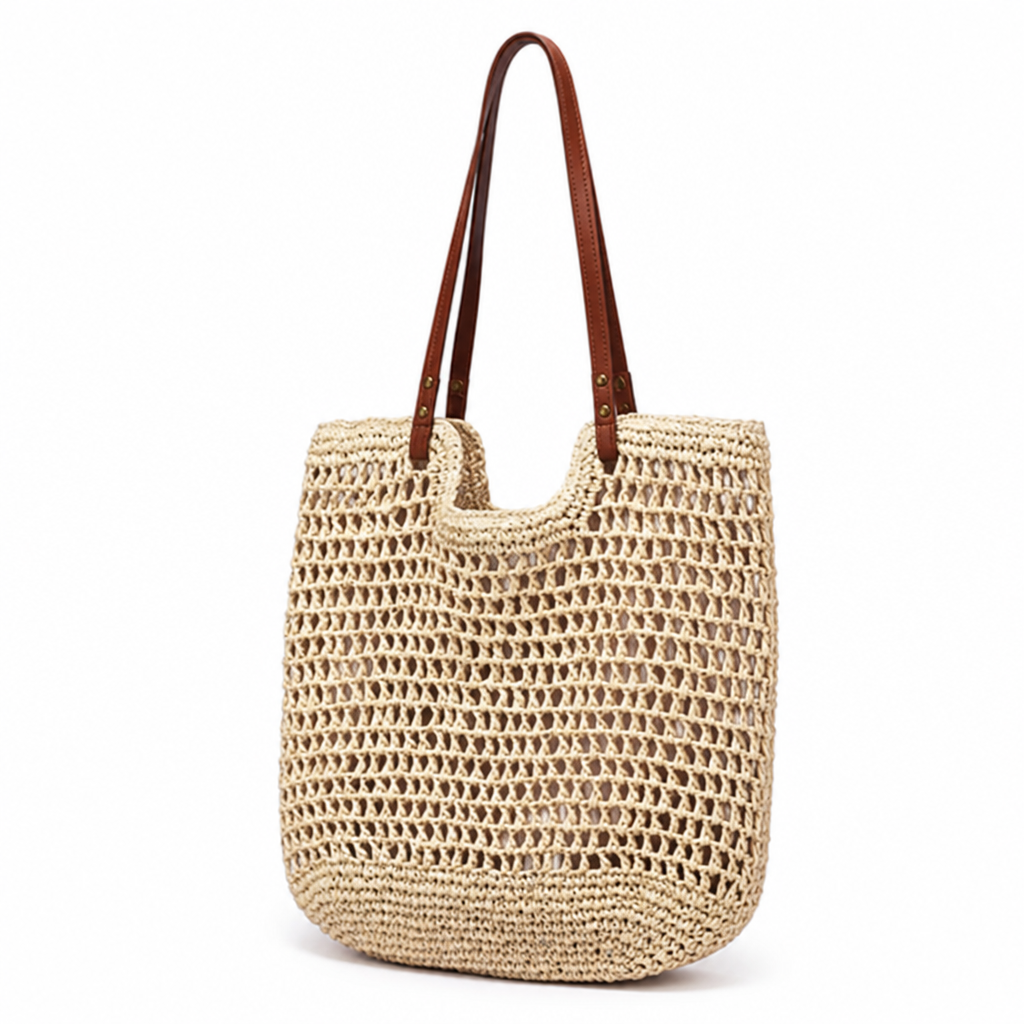 Handwoven Cotton Mesh Tote Bag (Leather Handles)