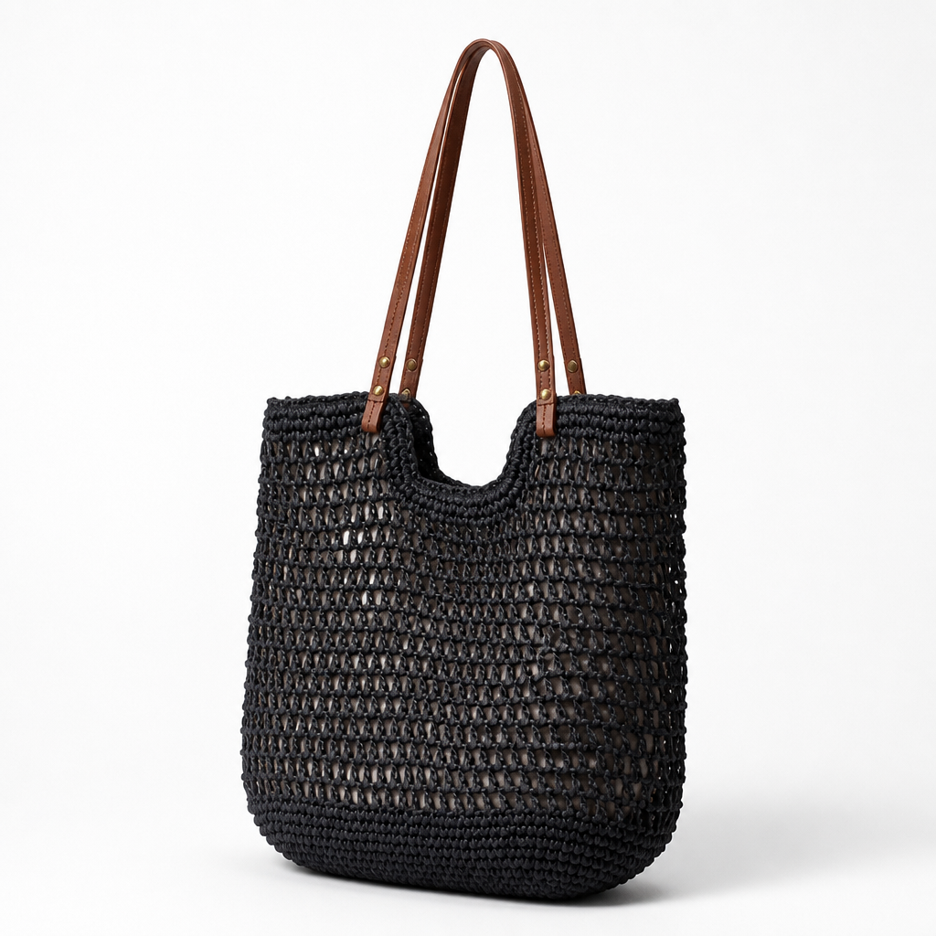 Handwoven Cotton Mesh Tote Bag (Leather Handles)