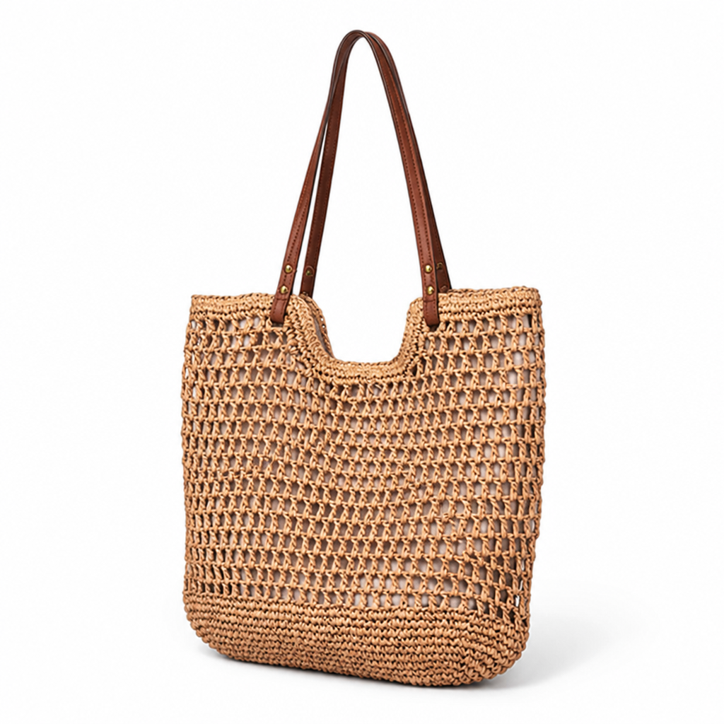 Handwoven Cotton Mesh Tote Bag (Leather Handles)