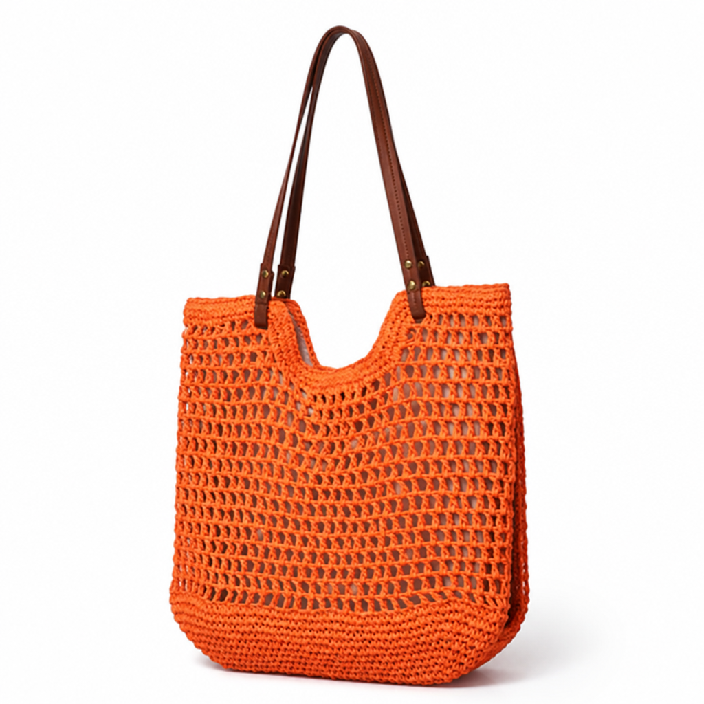 Handwoven Cotton Mesh Tote Bag (Leather Handles)