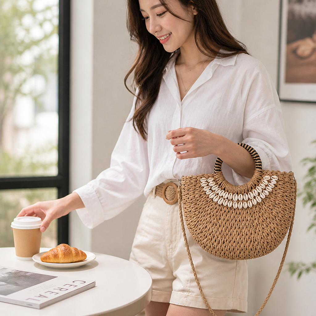 Handwoven Eco-Friendly Shell-Accent Handbag (Removable Strap)
