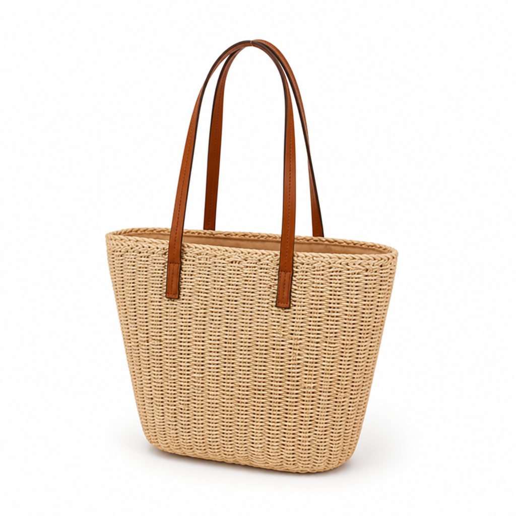Handwoven Natural-Fiber Handbag With Leather Handles