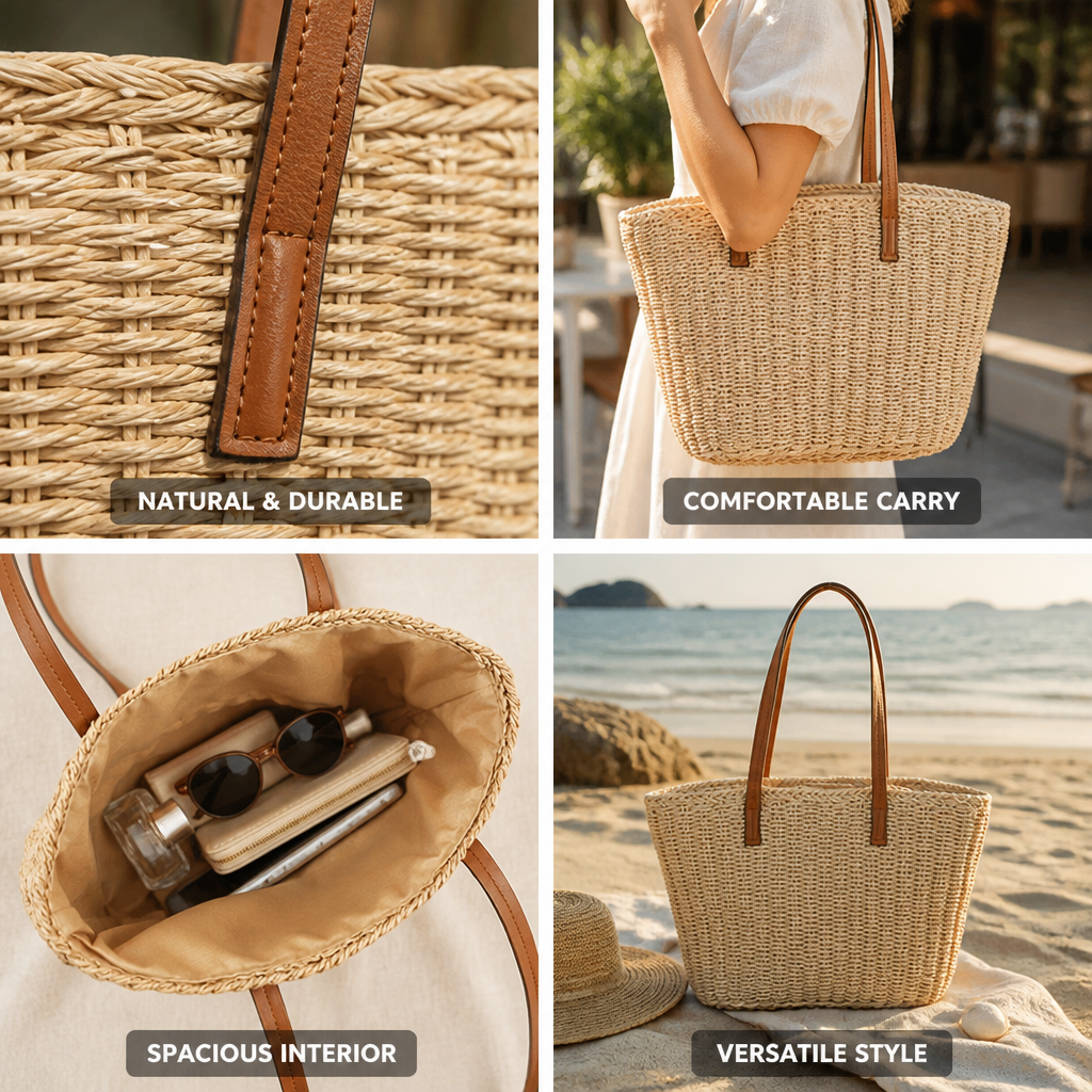 Handwoven Natural-Fiber Handbag With Leather Handles