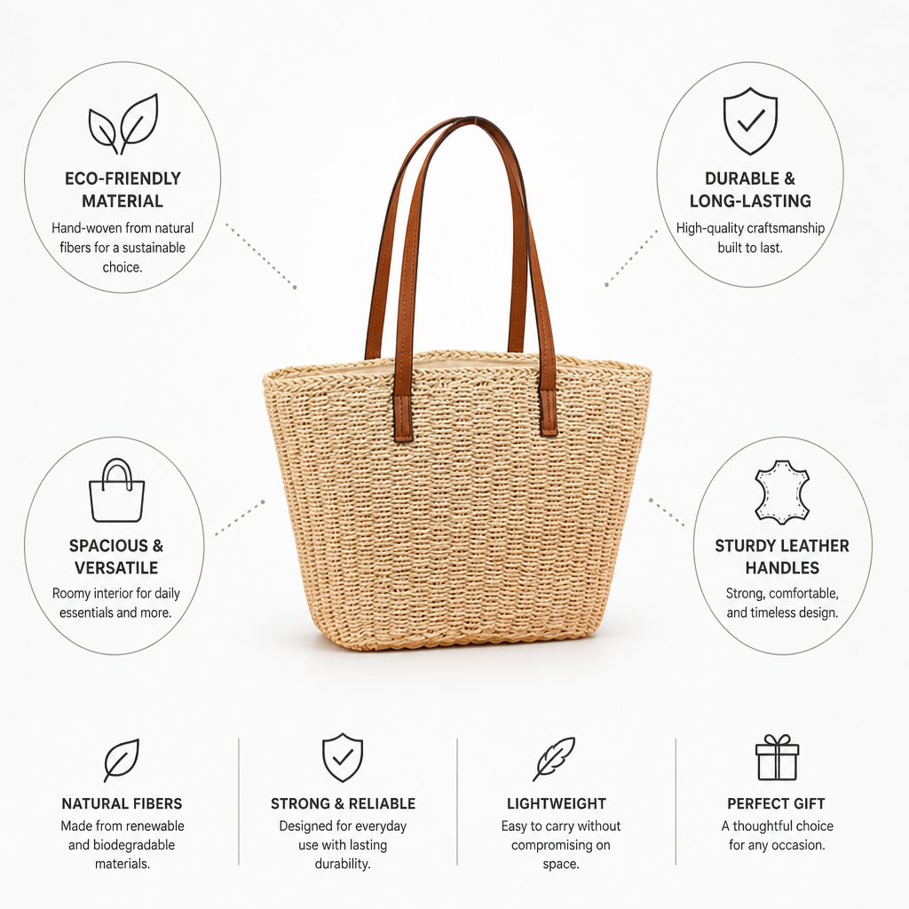 Handwoven Natural-Fiber Handbag With Leather Handles