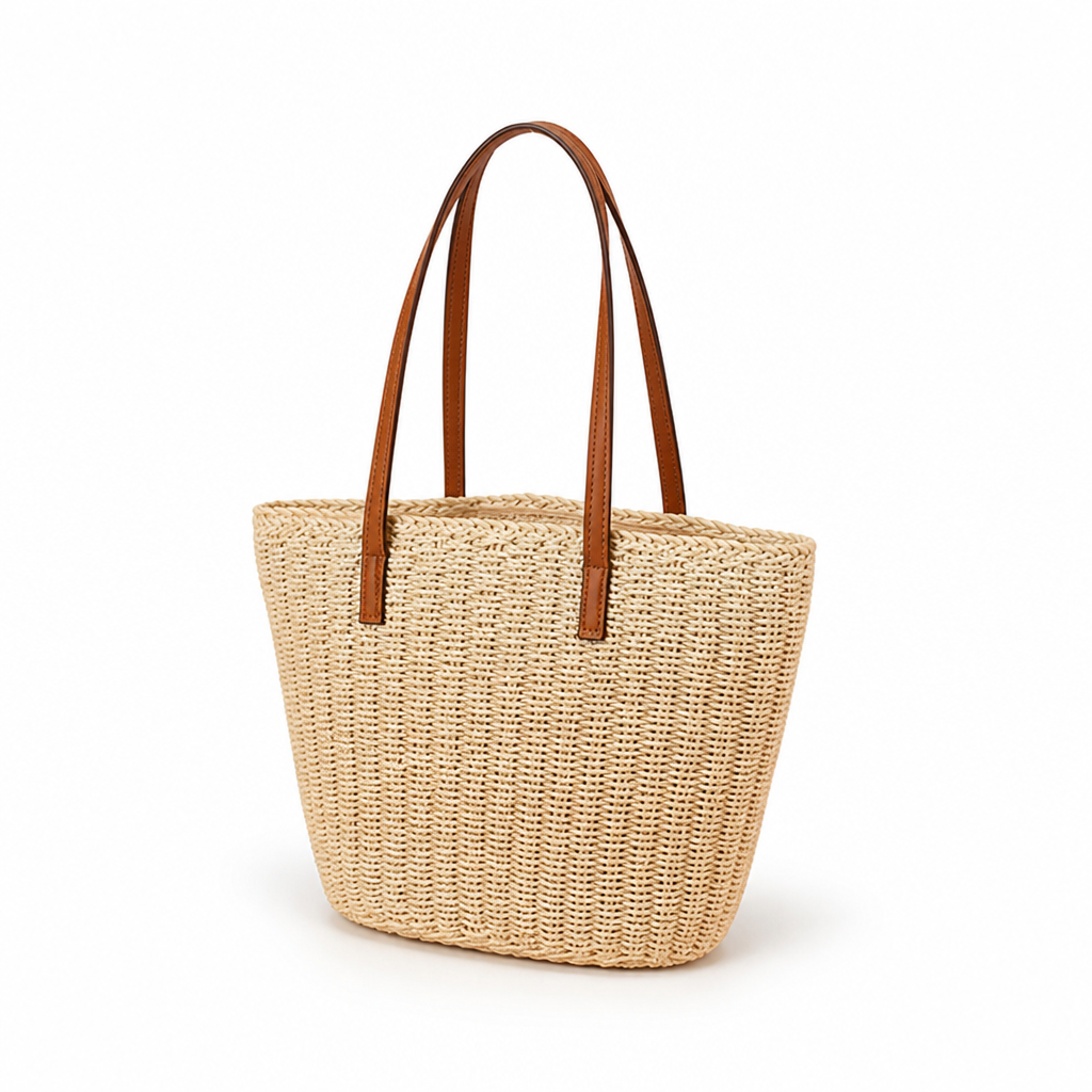 Handwoven Natural-Fiber Handbag With Leather Handles