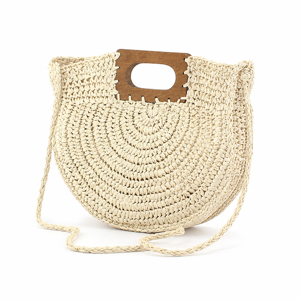 Handwoven Natural Fiber Handbag With Wooden Handle & Pocket