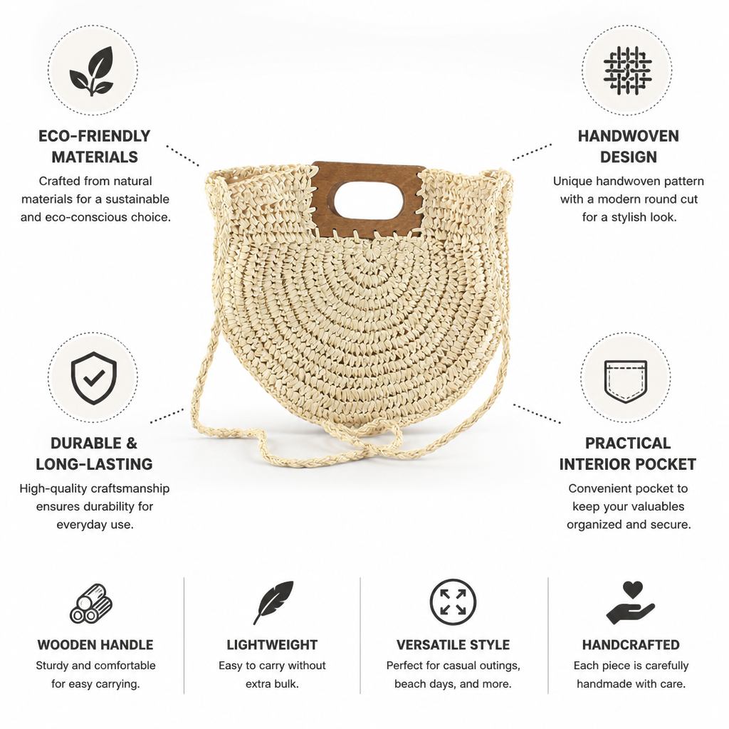 Handwoven Natural Fiber Handbag With Wooden Handle & Pocket