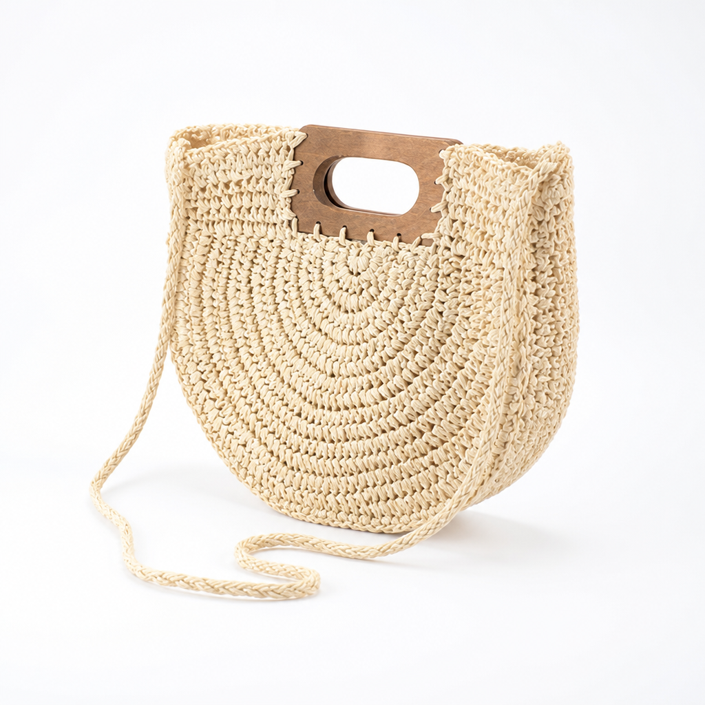 Handwoven Natural Fiber Handbag With Wooden Handle & Pocket