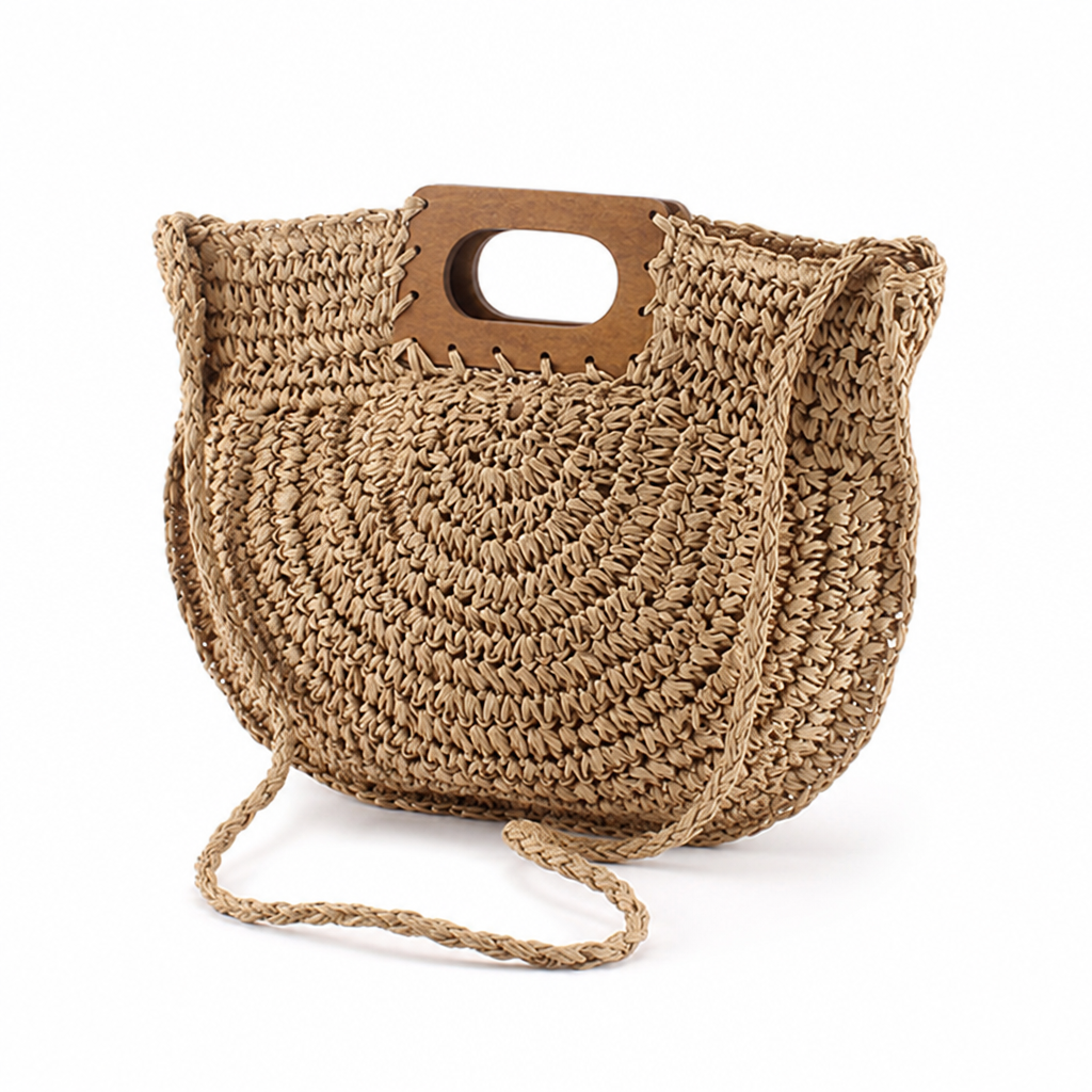 Handwoven Natural Fiber Handbag With Wooden Handle & Pocket