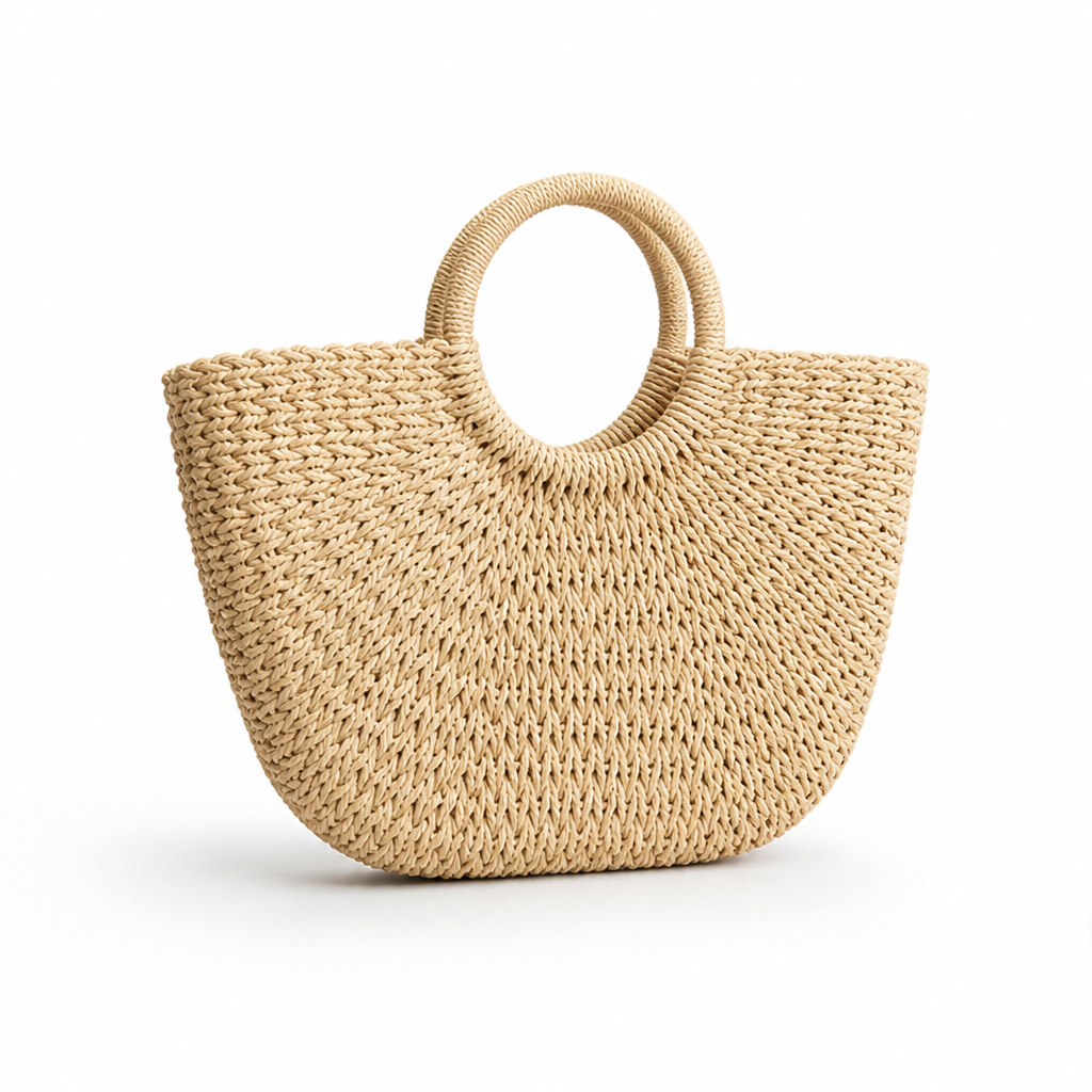 Handwoven Natural Raffia Basket Bag (Round Handles)