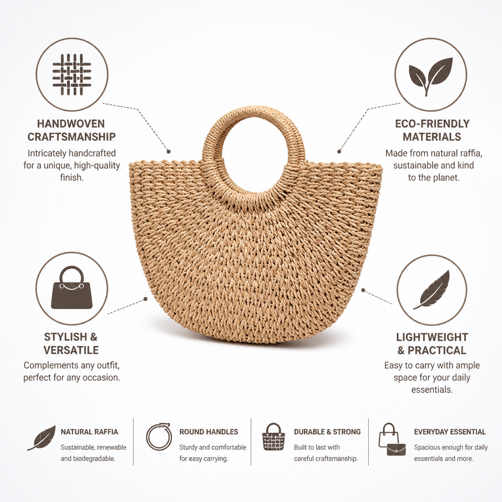 Handwoven Natural Raffia Basket Bag (Round Handles)