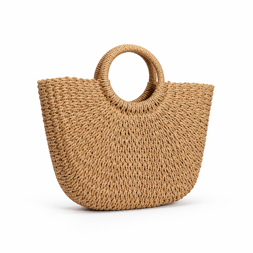 Handwoven Natural Raffia Basket Bag (Round Handles)