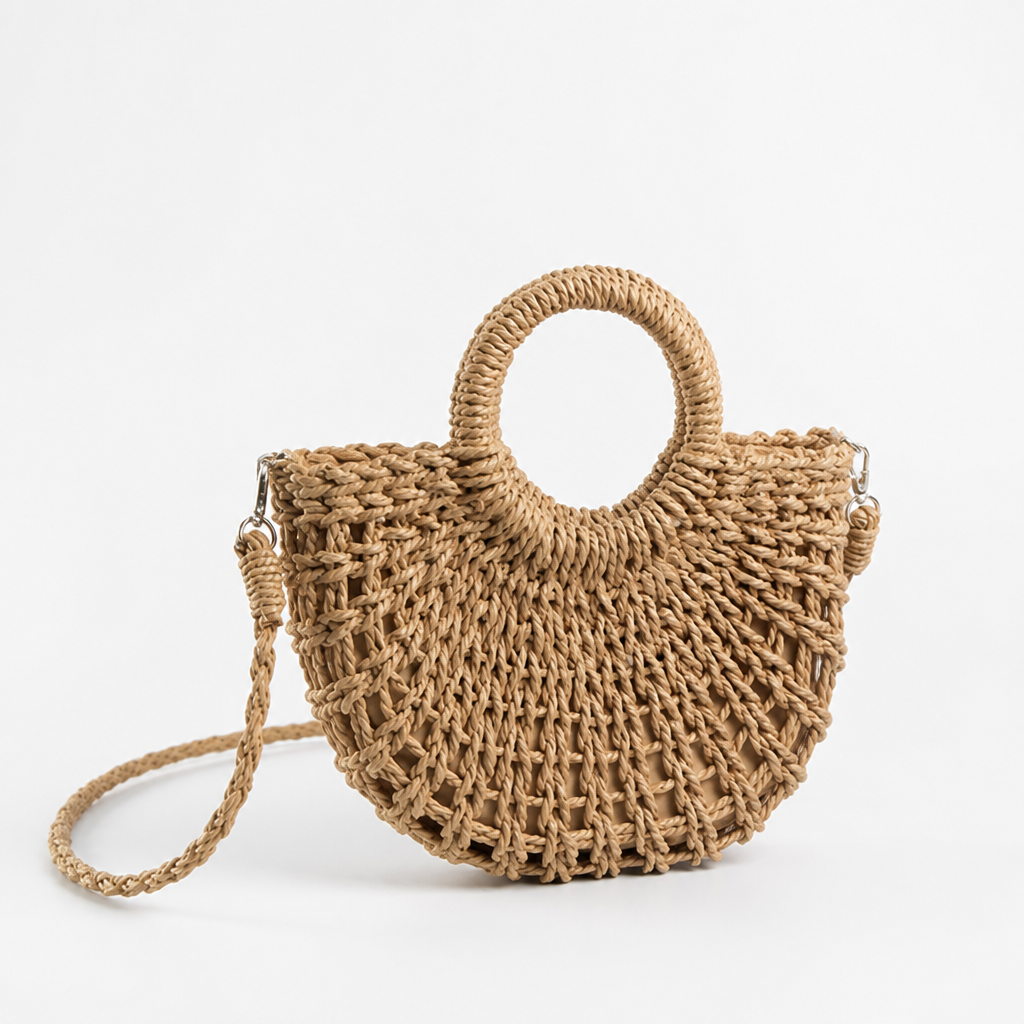 Handwoven Natural Round Handbag (Removable Strap)