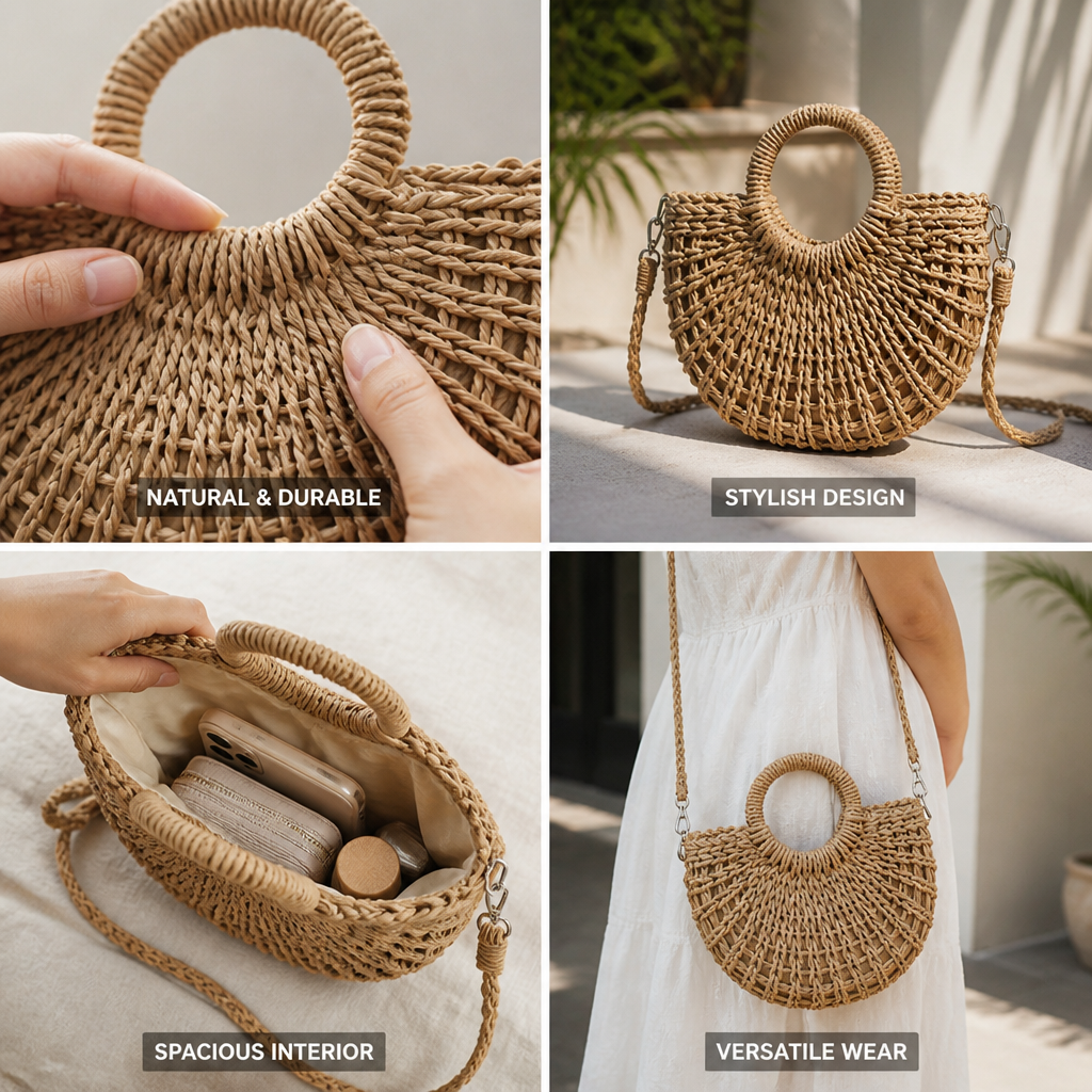 Handwoven Natural Round Handbag (Removable Strap)