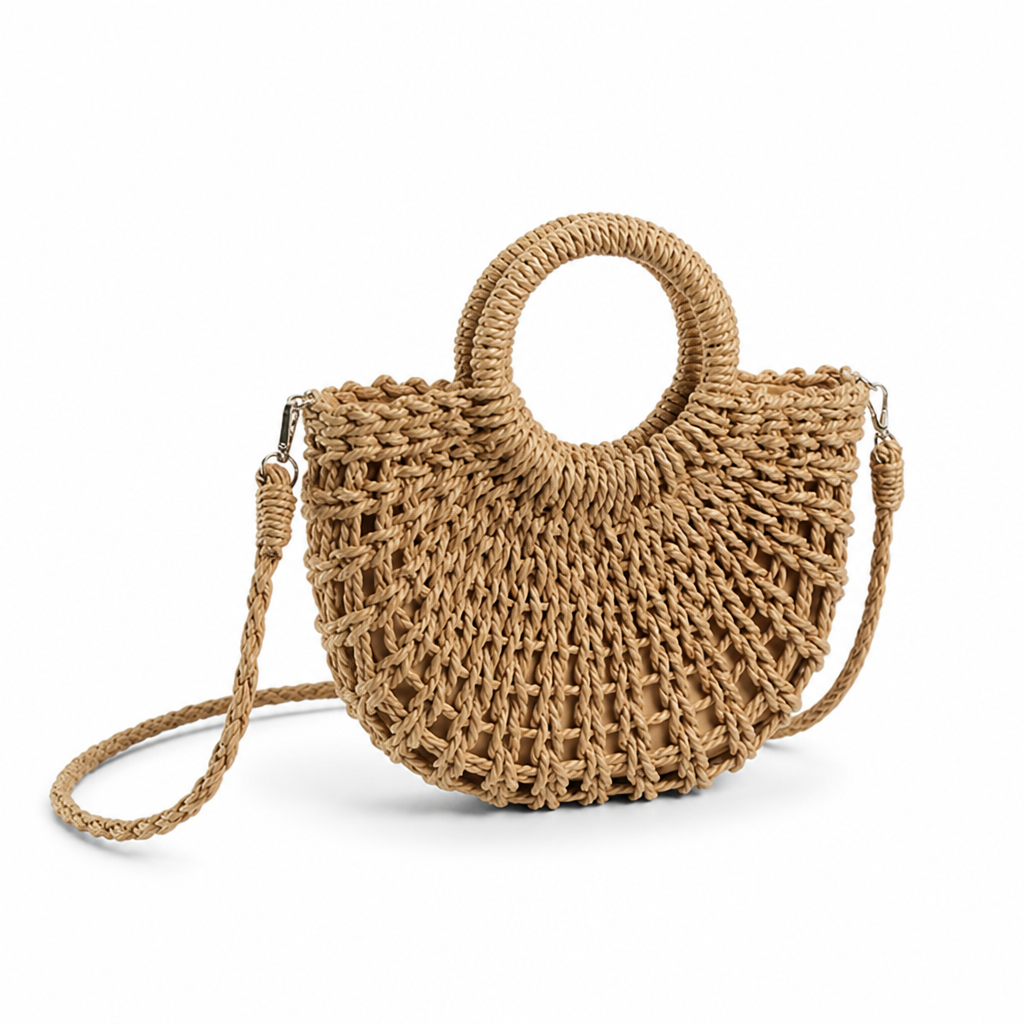 Handwoven Natural Round Handbag (Removable Strap)