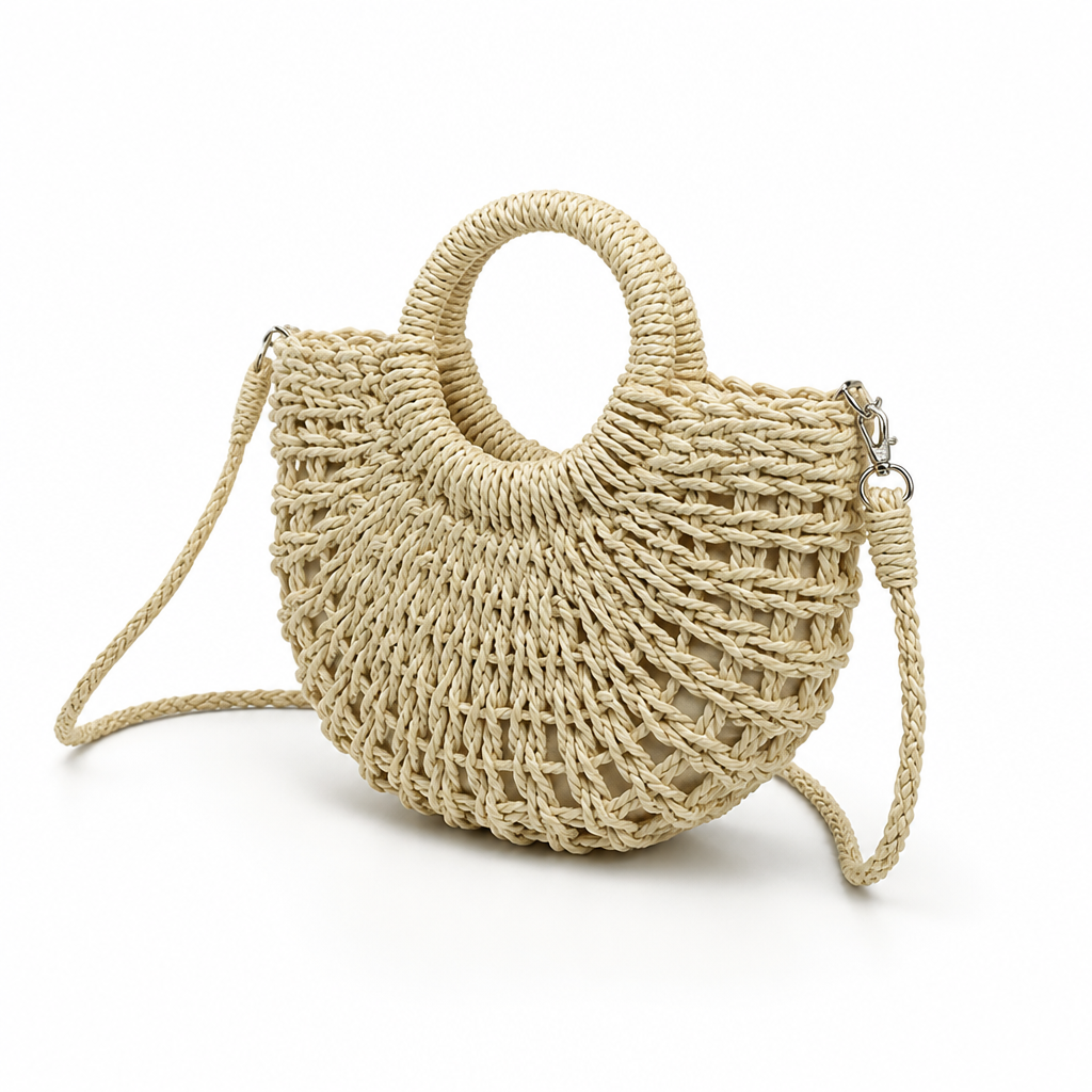 Handwoven Natural Round Handbag (Removable Strap)