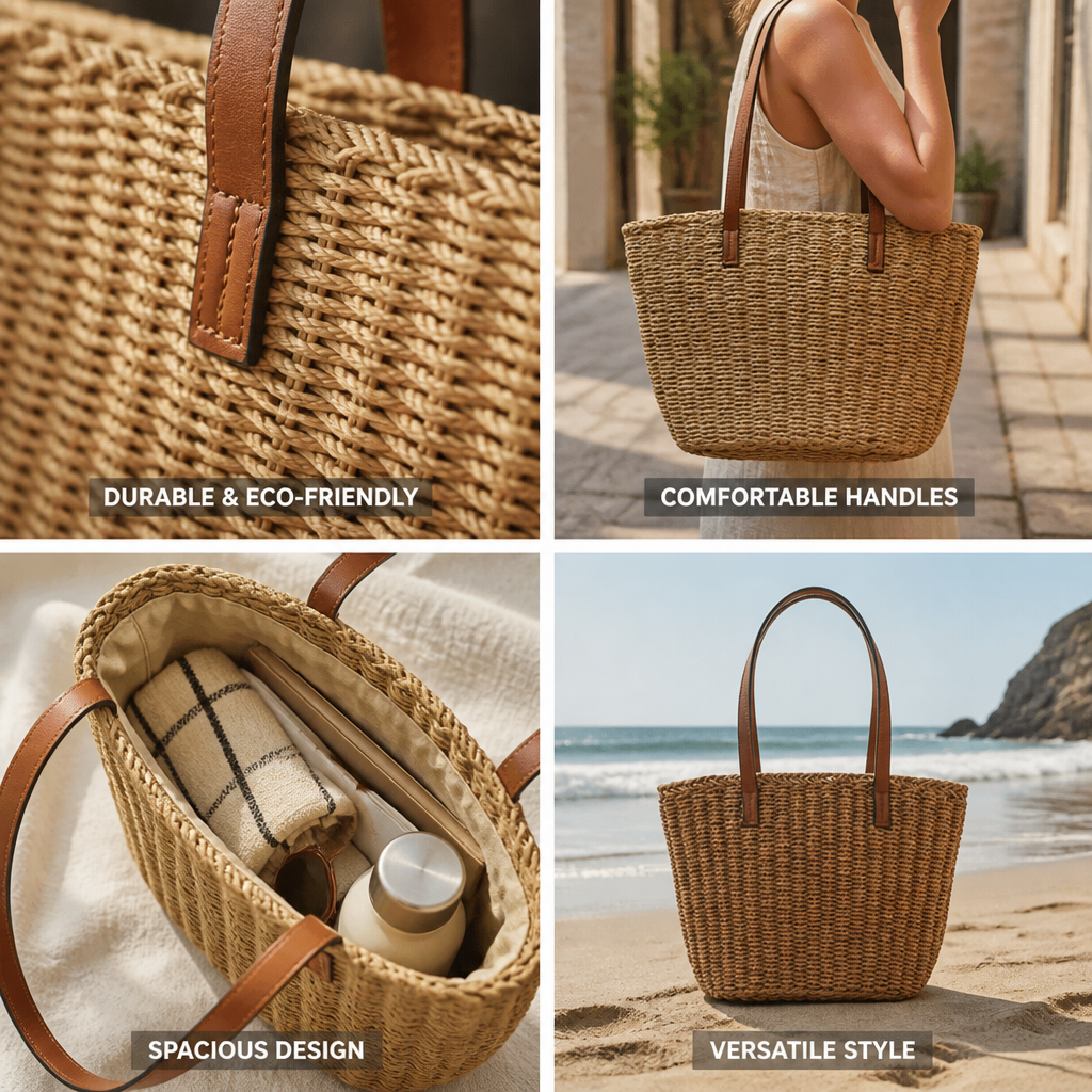 Handwoven Natural Rush Tote (Leather Handles)