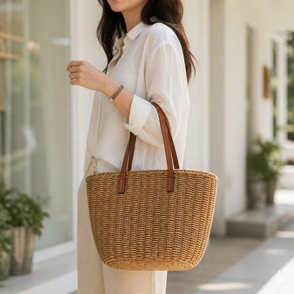 Handwoven Natural Rush Tote (Leather Handles)
