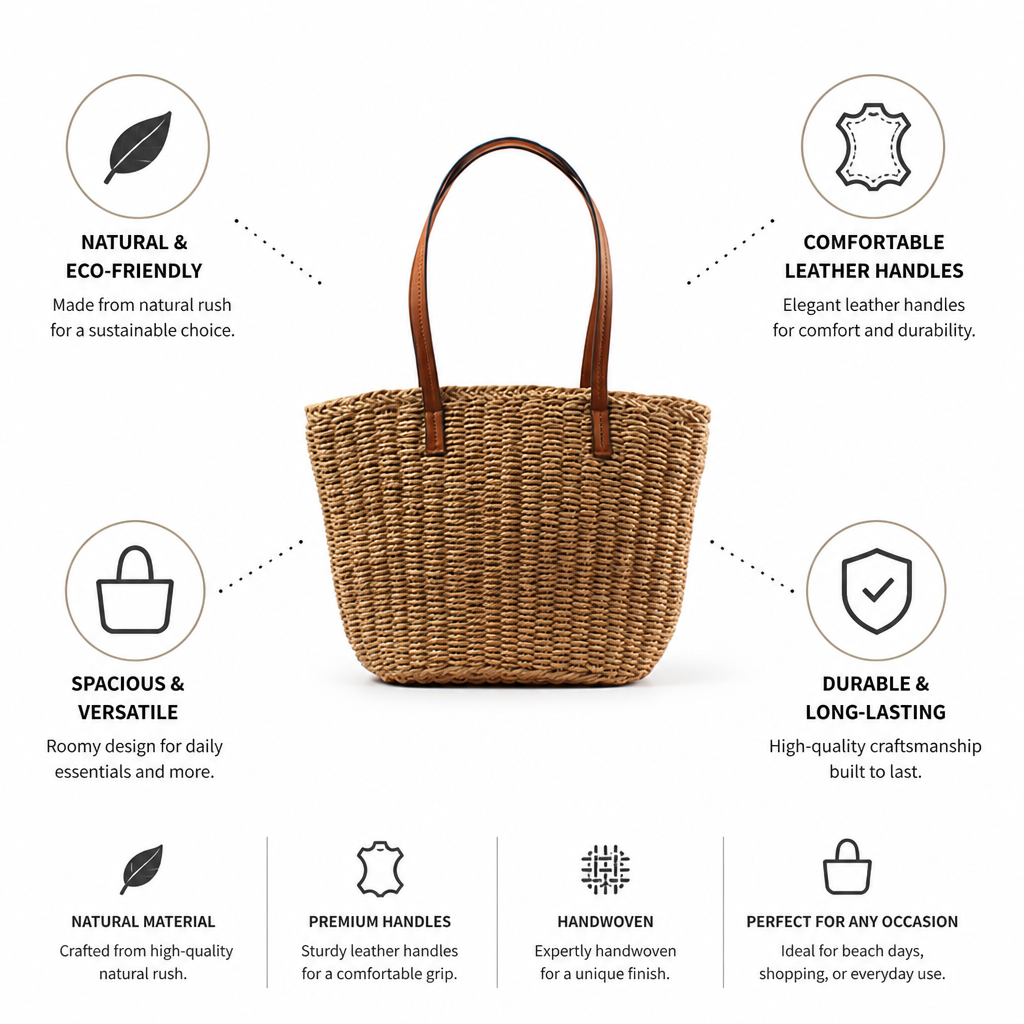 Handwoven Natural Rush Tote (Leather Handles)