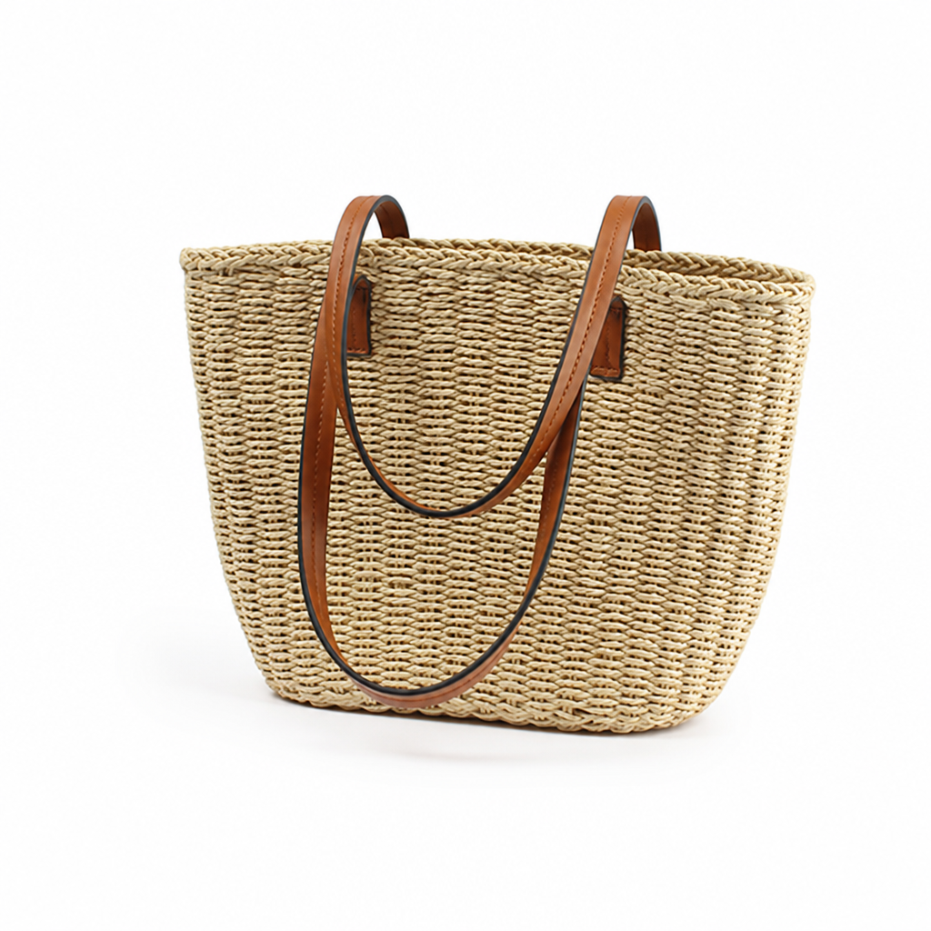 Handwoven Natural Rush Tote (Leather Handles)