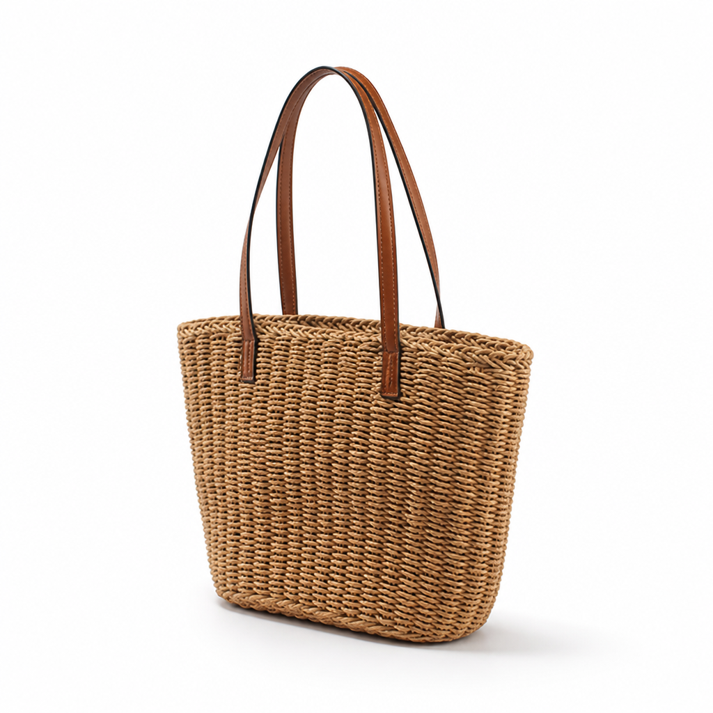 Handwoven Natural Rush Tote (Leather Handles)