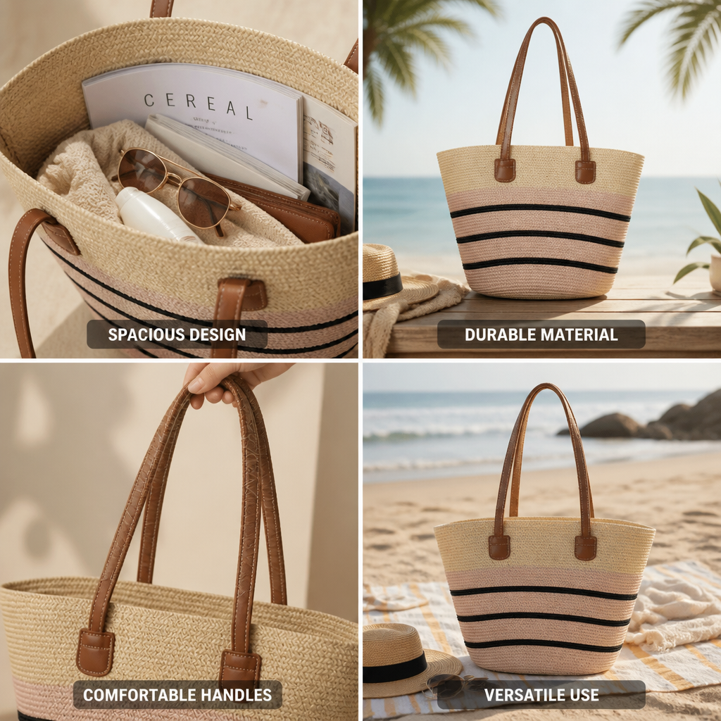 Handwoven Natural Straw Beach Tote