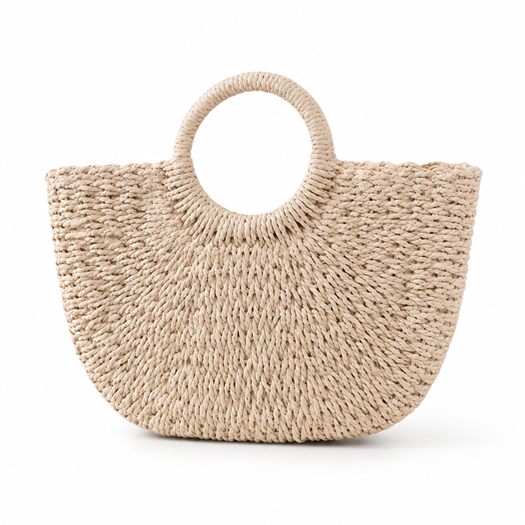 Handwoven Natural Straw Round-Handle Beach Bag