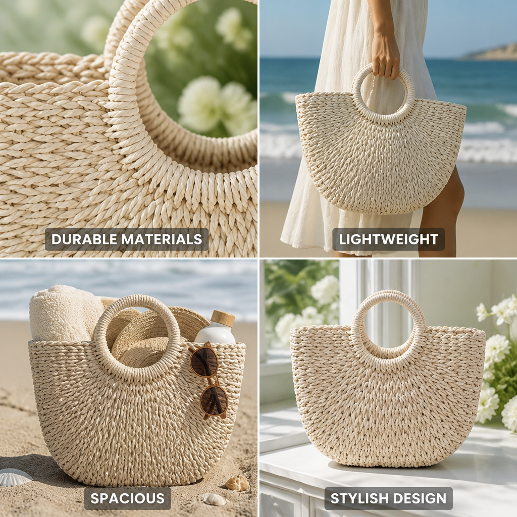 Handwoven Natural Straw Round-Handle Beach Bag