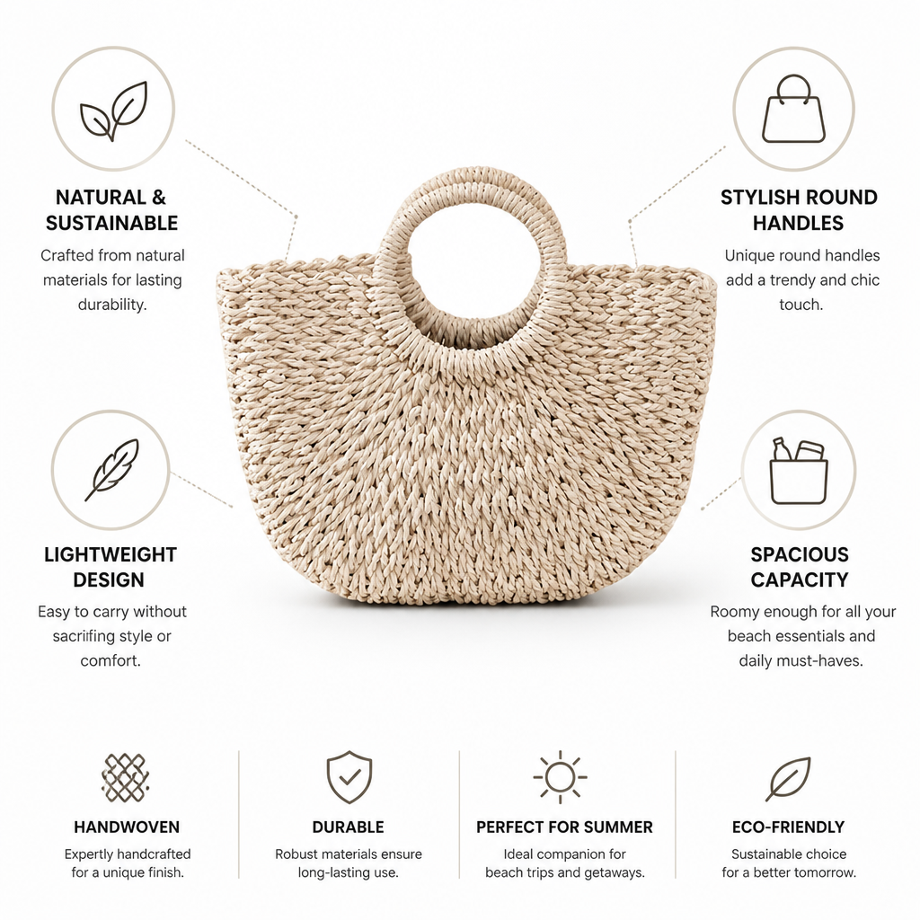 Handwoven Natural Straw Round-Handle Beach Bag