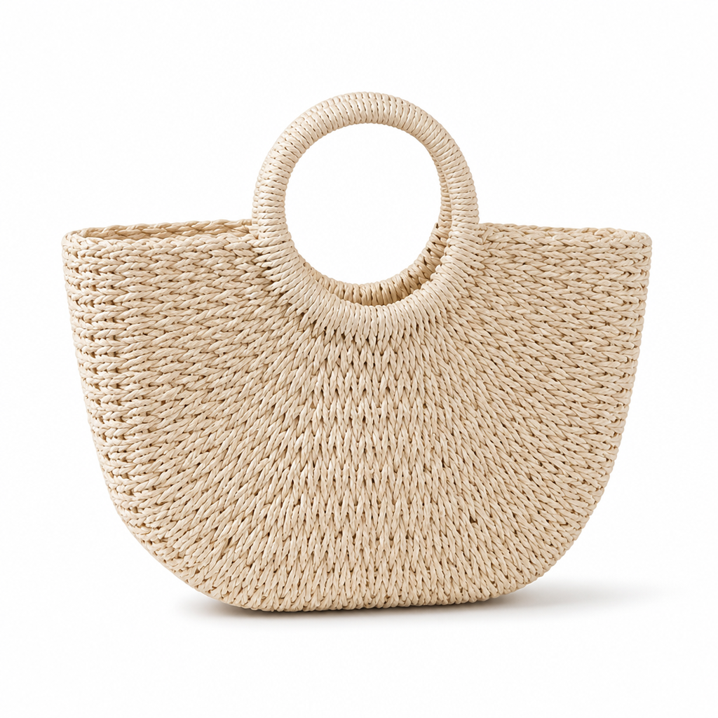 Handwoven Natural Straw Round-Handle Beach Bag