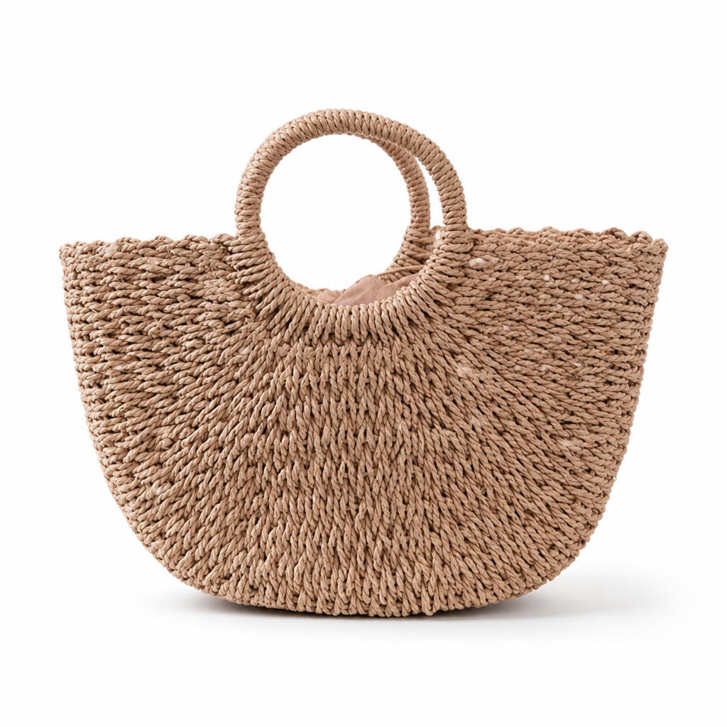 Handwoven Natural Straw Round-Handle Beach Bag
