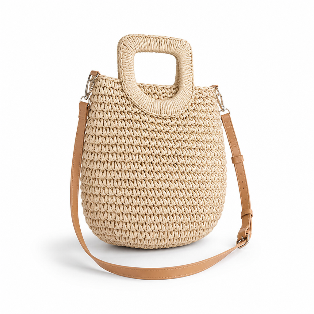 Handwoven Natural Wicker Tote Bag (Adjustable Strap & Hand Grip)