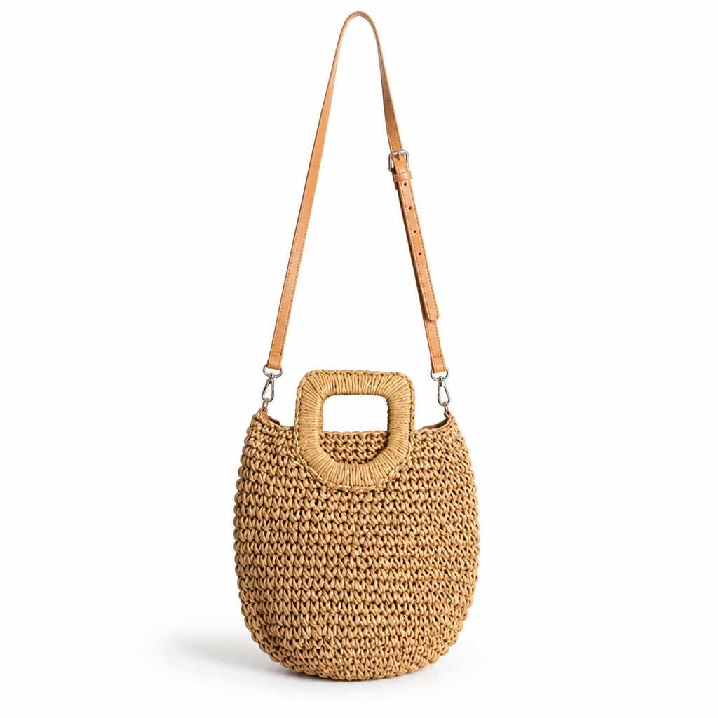 Handwoven Natural Wicker Tote Bag (Adjustable Strap & Hand Grip)